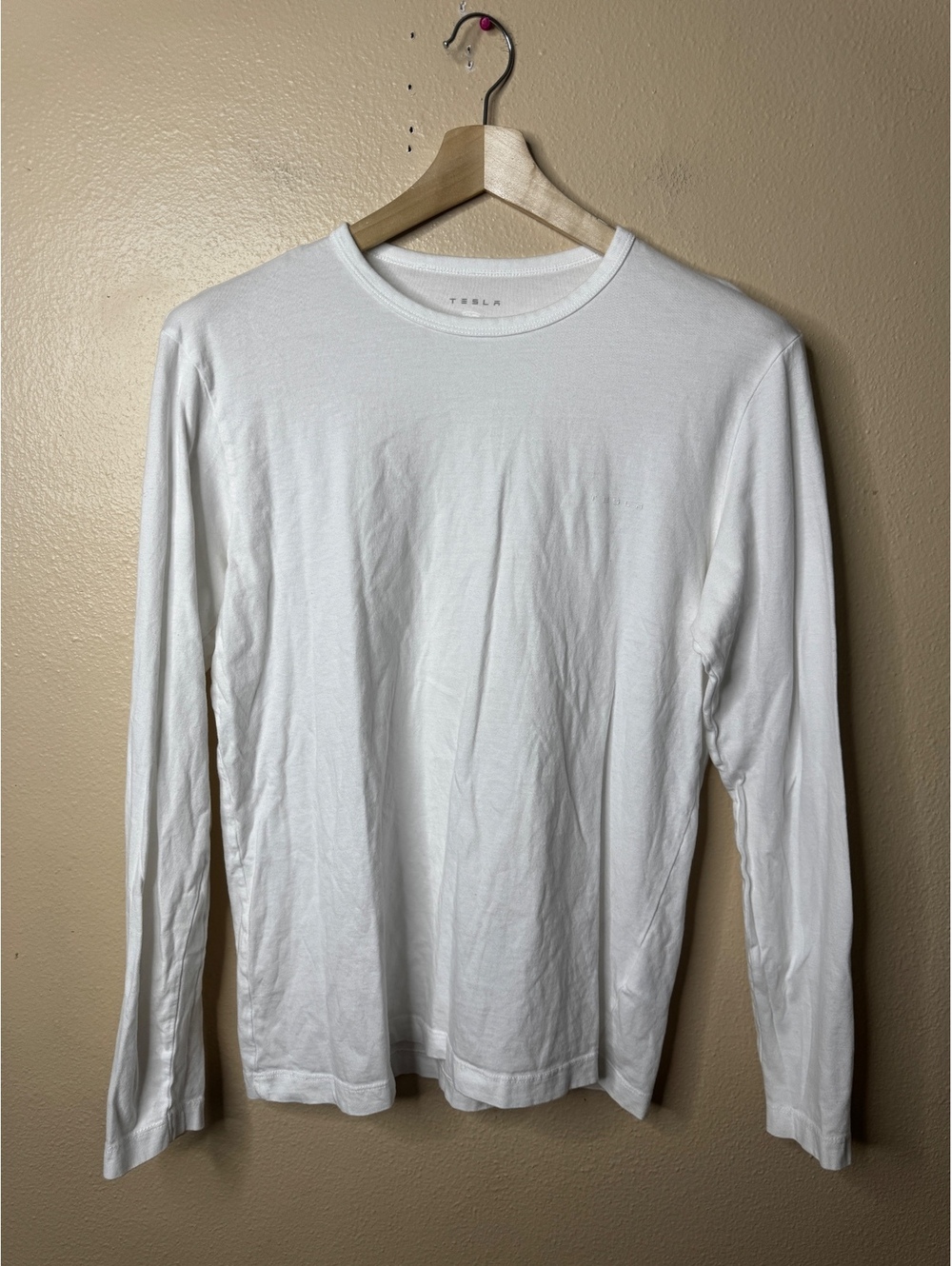 Tesla Men’s Large White Long Sleeve Crew Neck Cotton T-Shirt Minimalist Casual